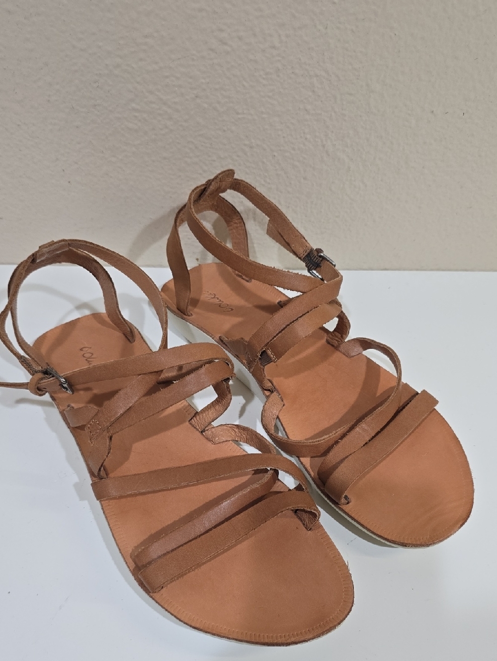 OluKai Women's Tan Strappy Leather Ankle Wrap Sandals